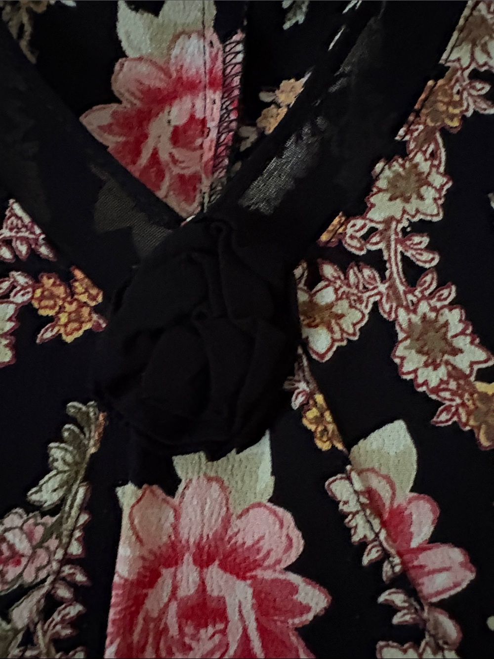 Black Midi Dress with Pink Floral Pattern and V-Neckline - Picture 5 of 15
